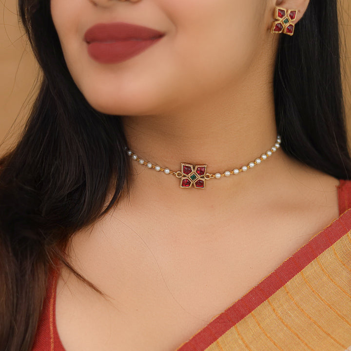 Bhaavini Pearl Square Floral Choker With Earring