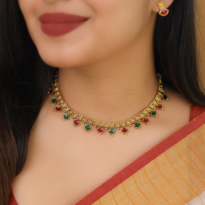 Bhuvi Square Star Enamel Short Neckpiece With Stud