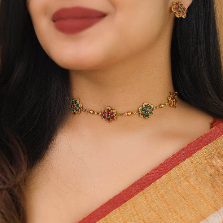 Adwita 5 Flower Golden Ball Choker With Earring