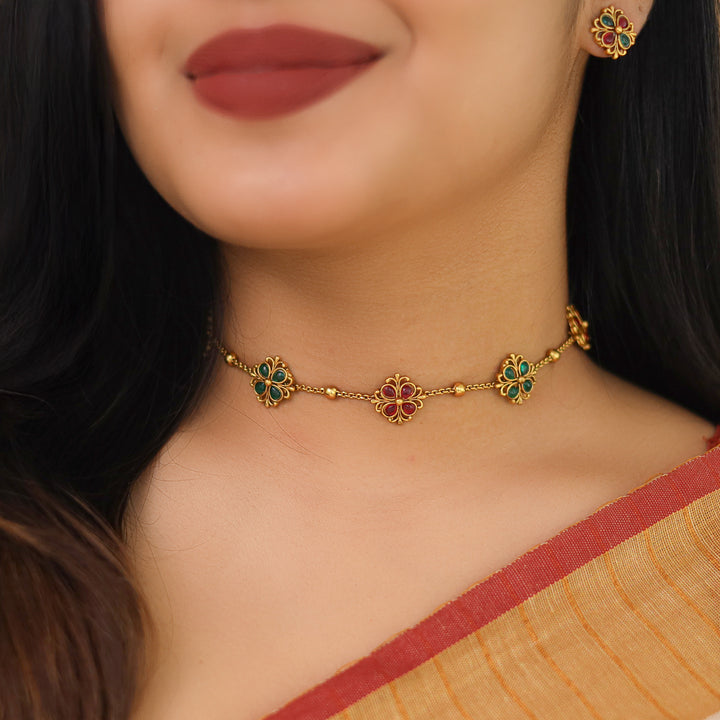 Arpana Flower Golden Ball Choker With Stud