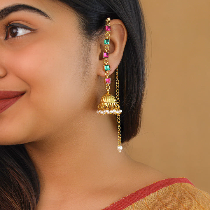 Namrutha Kemp Stone Pearl Jhumka With Ear Chain