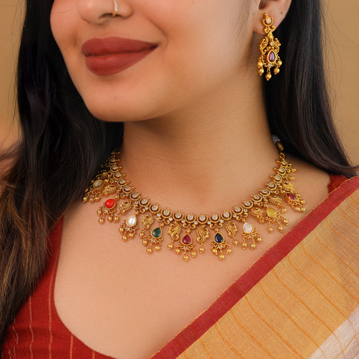 Premium Deevani Navratna Neckpiece With Earring
