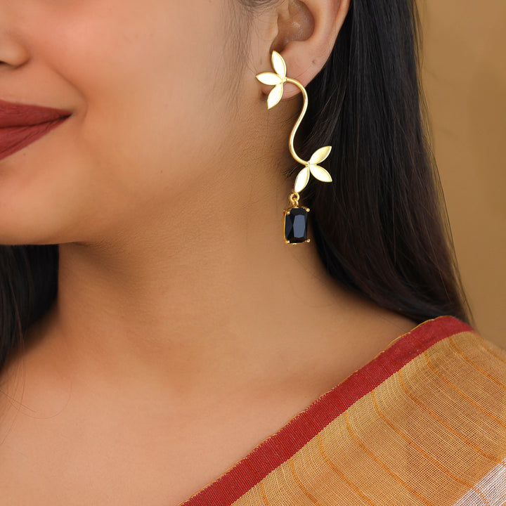 Curvy Golden Tri Dual Leaf Glossy Earring