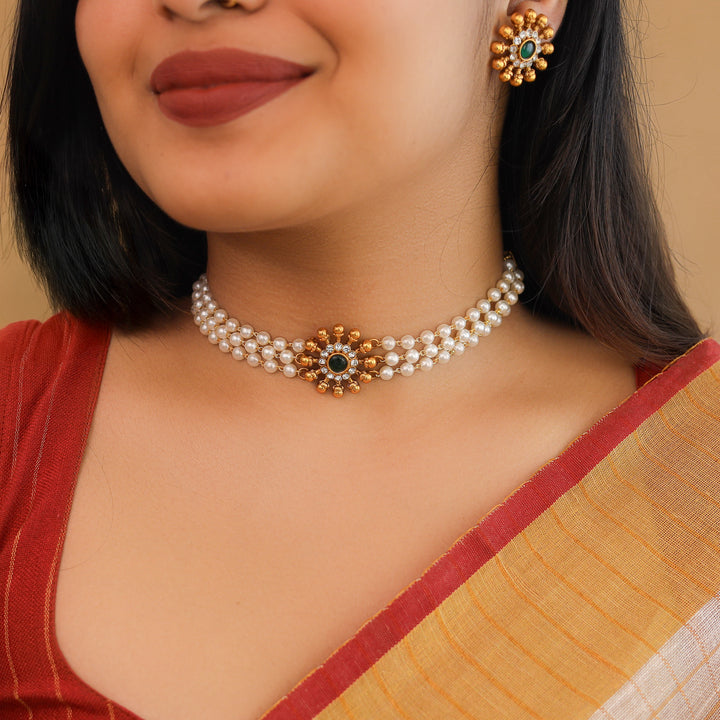 Surya Chakra 3 Layer Pearl Choker With Earring