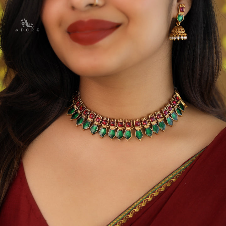 Apeksha Enamel Palakka Short Neckpiece With Earring
