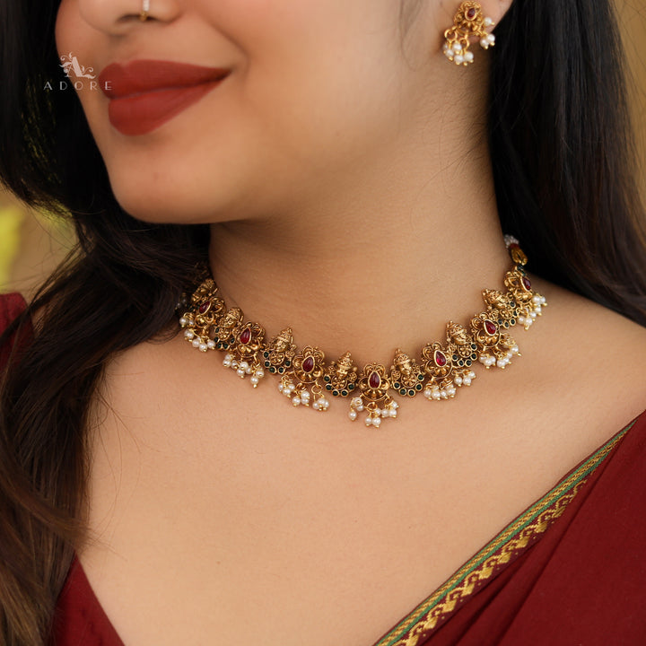 Tirupati Kemp Stone Pearl Short Neckpiece With Earring