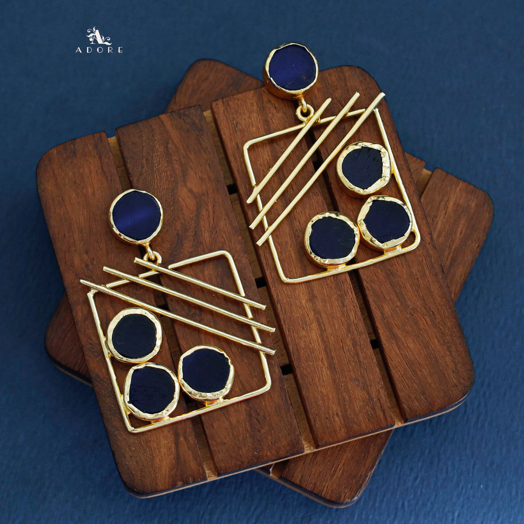 Golden Square Triple Line Raw Stone Earring