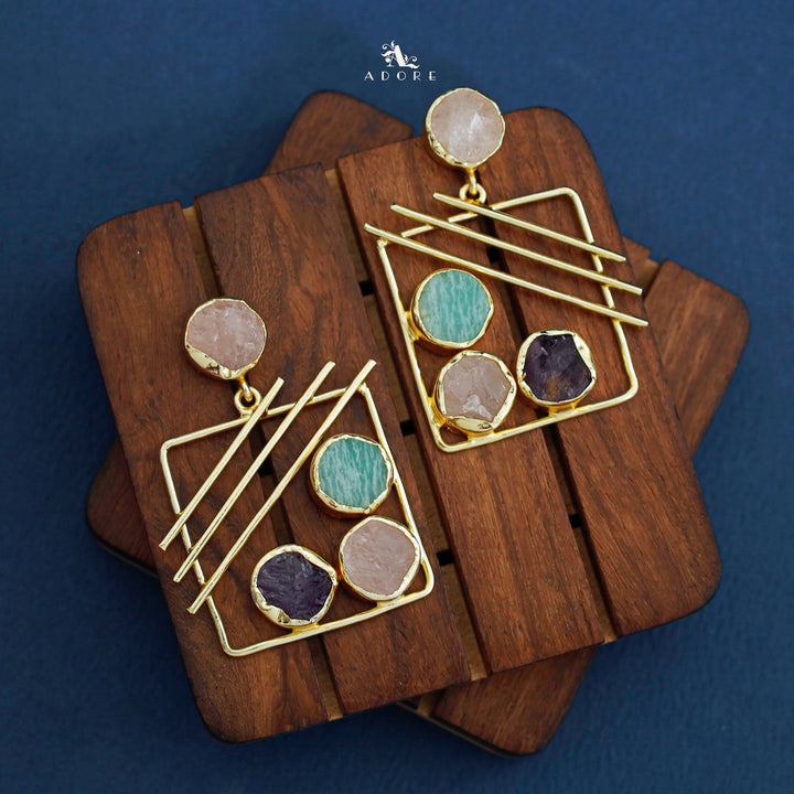 Golden Square Triple Line Raw Stone Earring