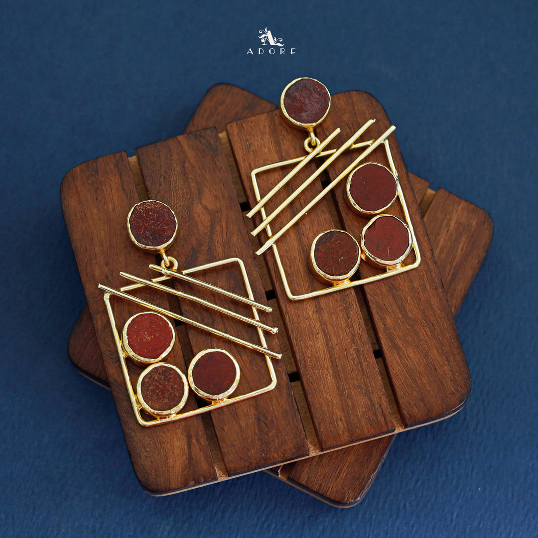 Golden Square Triple Line Raw Stone Earring