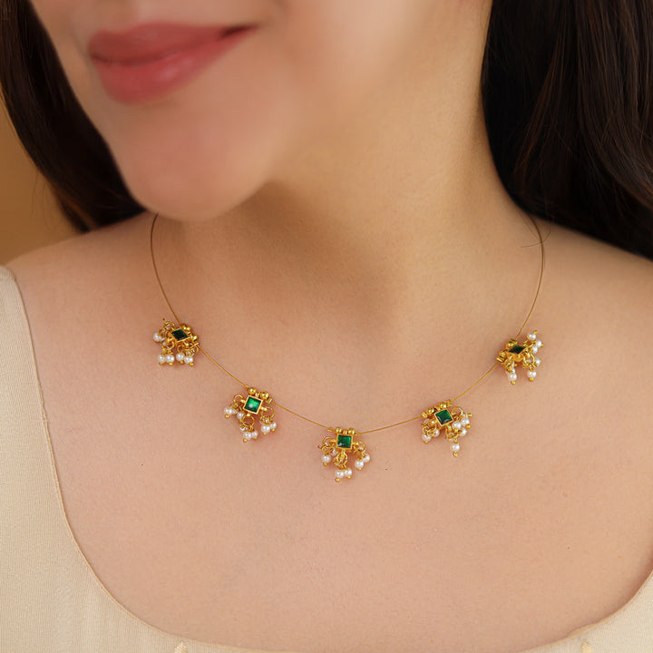 Vihara Mini Square Glossy Stone Pearl String Neckpiece