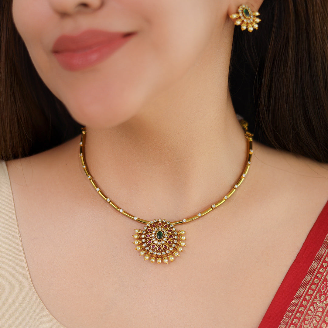 Takshvi Flower Pearl Stiff Short Neckpiece With Earring