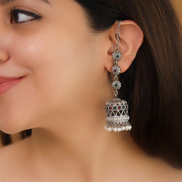 Janessa Tri Flower Pearl Jhumka With Ear Chain