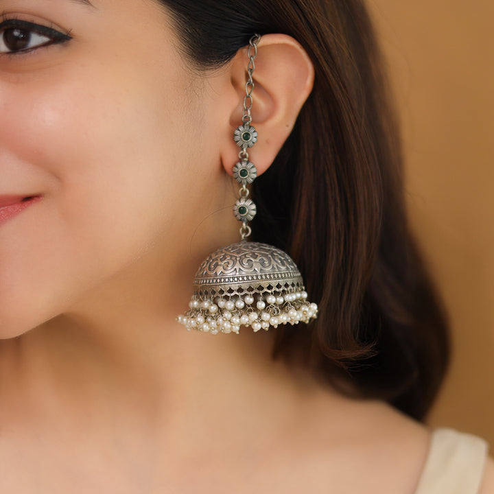 Jaheel Tri Flower Cluster Pearl Jhumka With Ear Chain