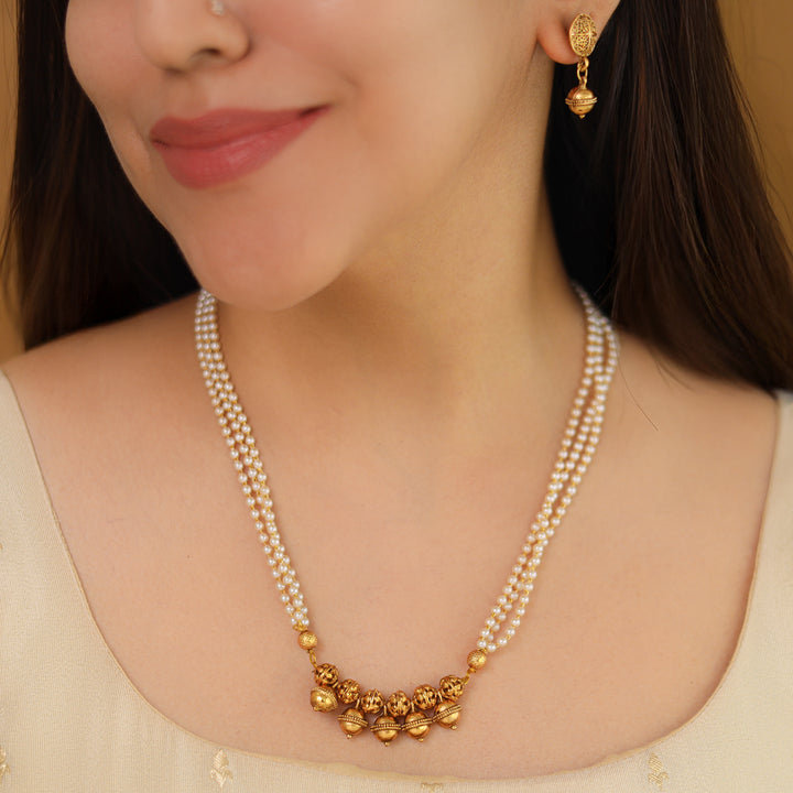 Amiya 3 Layer Pearl Golden Ball Neckpiece  With Earring