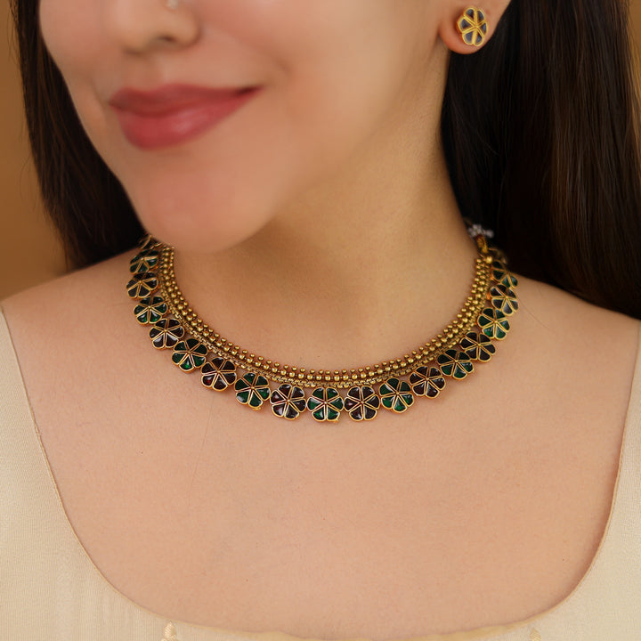 Tanima Golden Enamel Flower Short Neckpiece With Earring