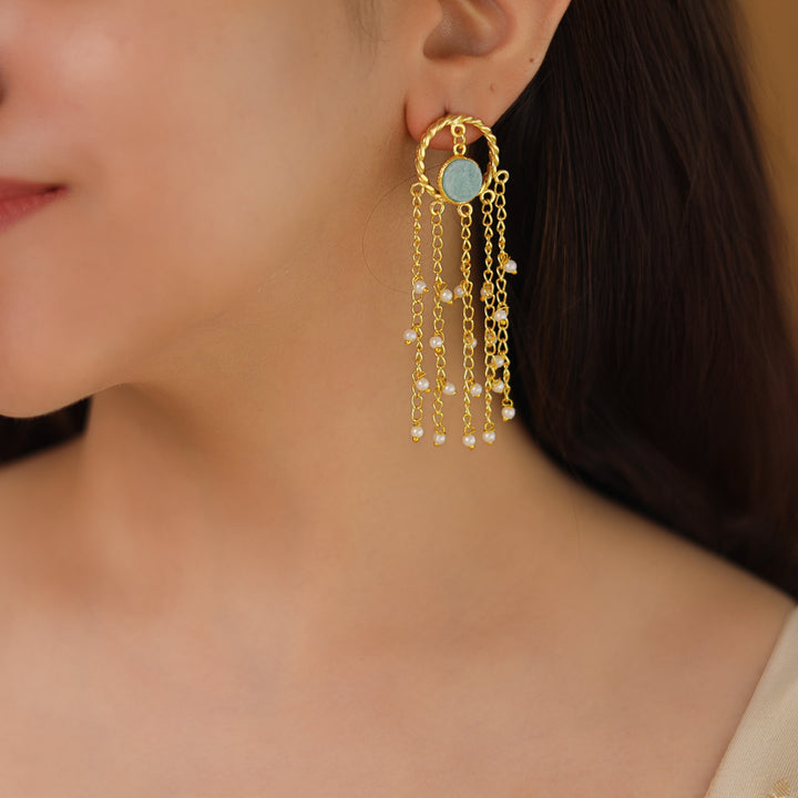 Aveline Golden Twisted Circle Tassel Pearl Earring
