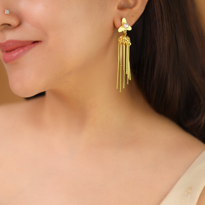 Sachika Golden Flower Pearl Jhumka Stick Earring