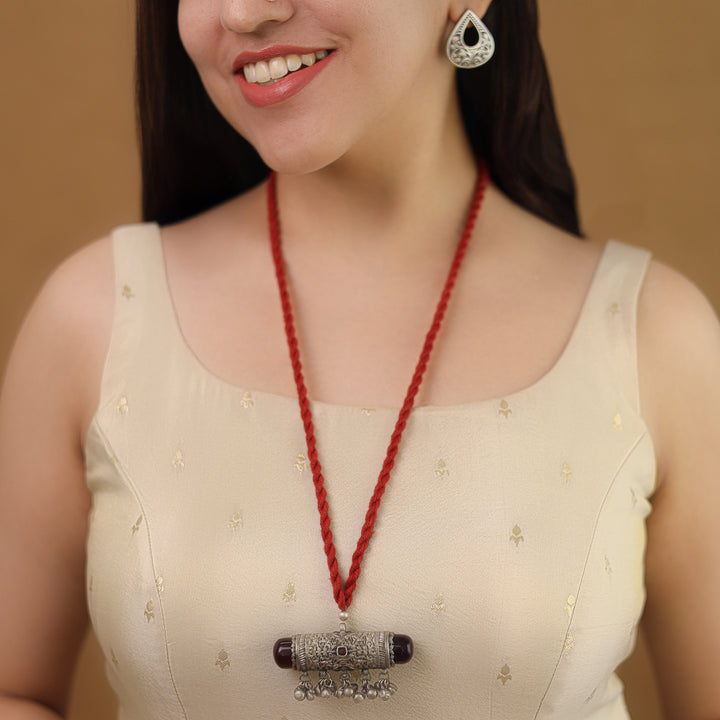 Jagvi Thread Silver Pendant Ghungroo Neckpiece With Earring