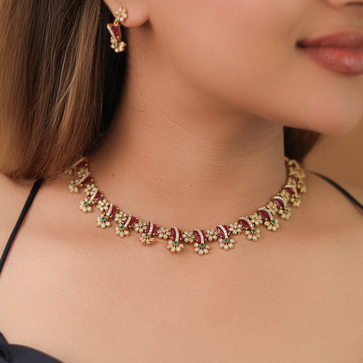 Poornasree Rectangle Glossy Flower Short Neckpiece With Earring