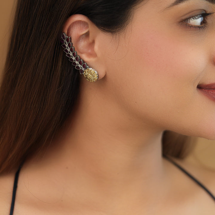 Hailey Leafy Flower Dual Tone Ear - Cuff (Set Of 2)