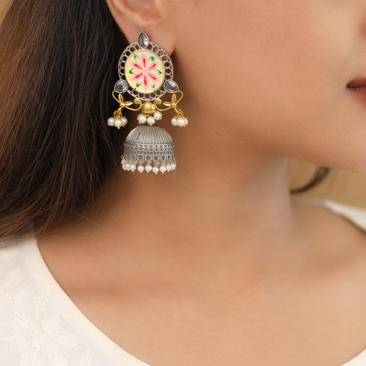 Kanakpriya Hand Painted Tri Glossy Pearl Jhumka