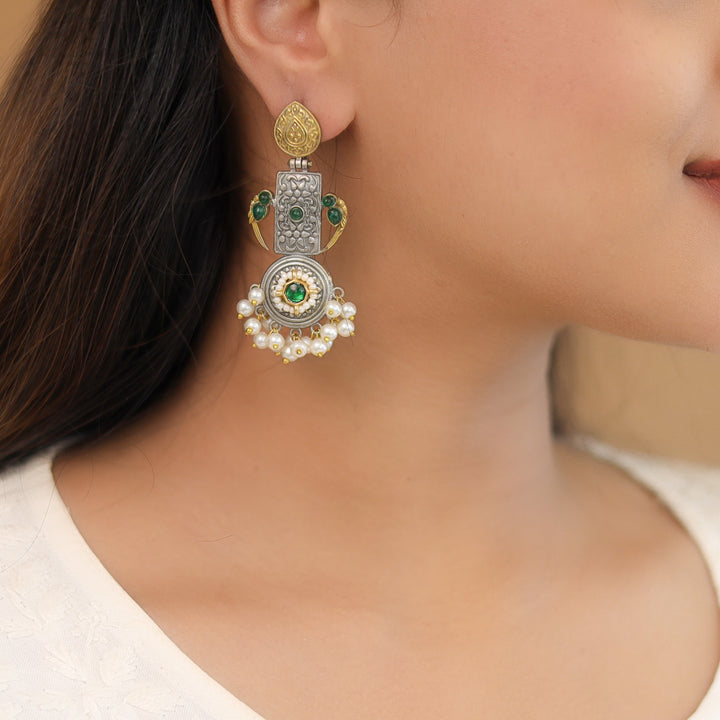Chansy Drop Rectangle & Circle Pearl Earring