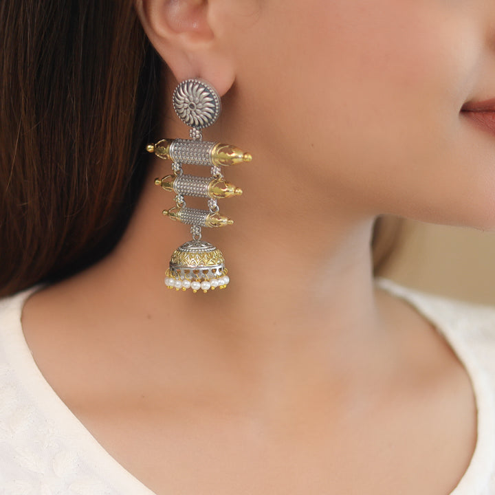 Jeevitha Circle Dual Tone Tri Stick Pearl Jhumka