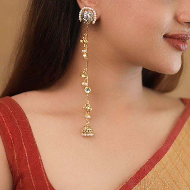 Mayura Kundan Pearl Dual Tone Ghungroo Kashmiri Jhumka Earring