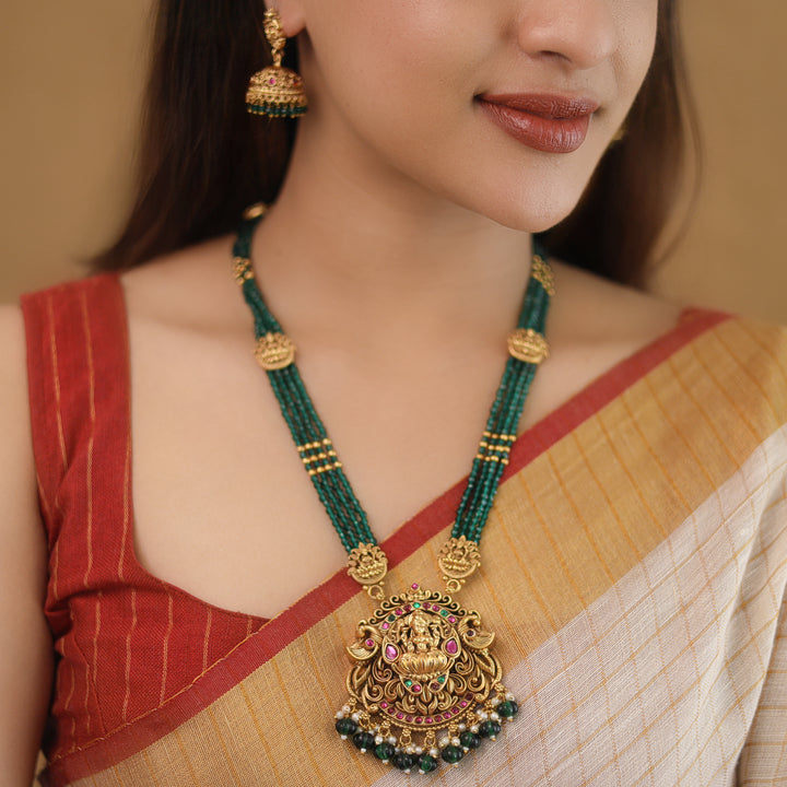 Aishani Devi 4 Layer Beaded Long Haram Neckpiece With Earring