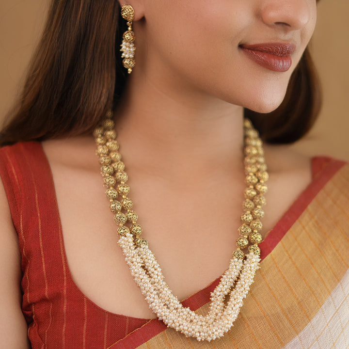 Sheba Golden Ball 2 Layer Cluster Pearl Neckpiece With Earring
