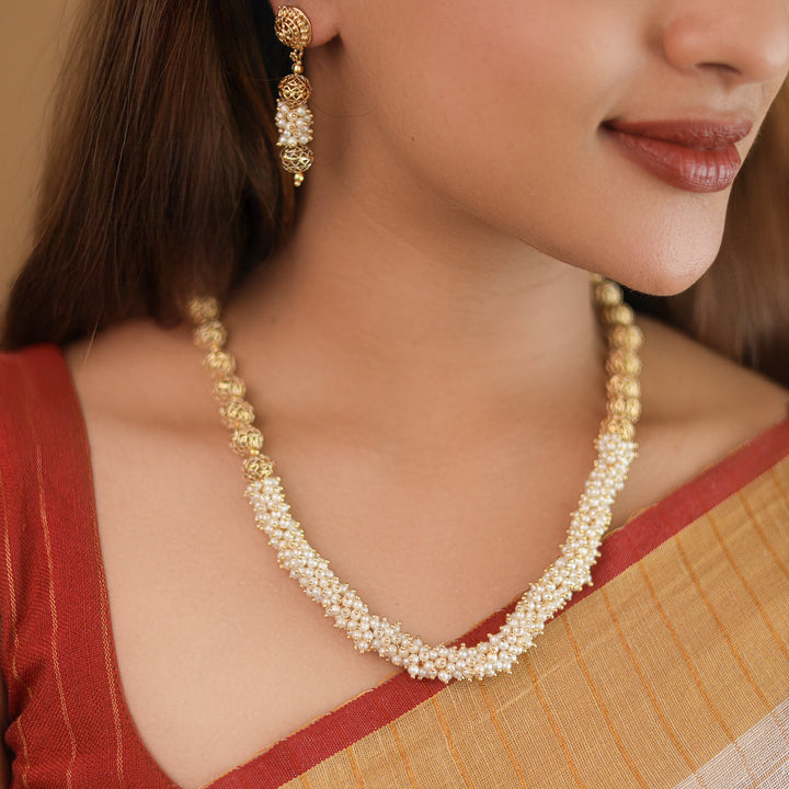Sheba Golden Ball Cluster Pearl Neckpiece With Earring