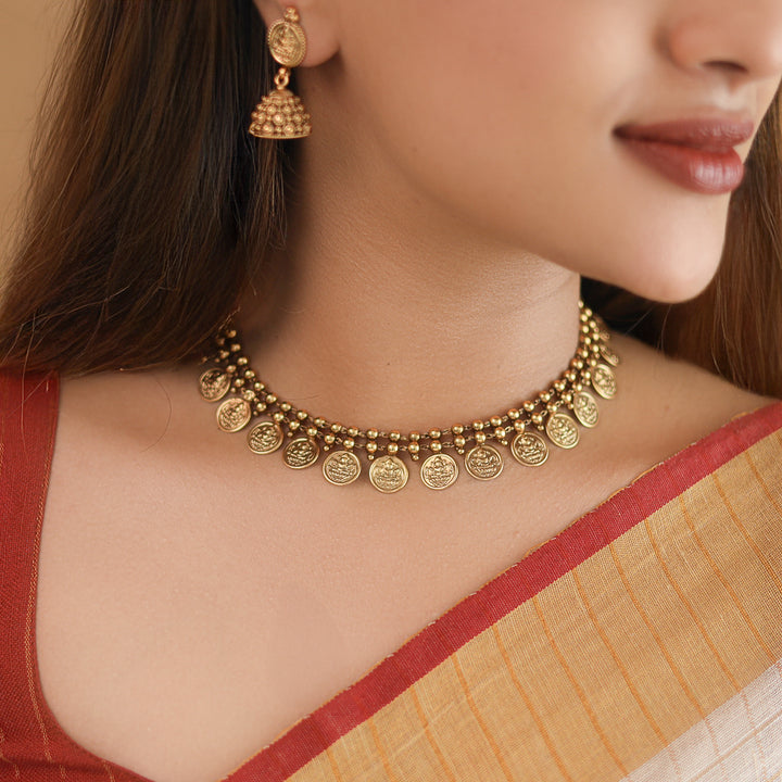 Two Layer Golden Ball Kashi Lakshmi Neckpiece With Earring