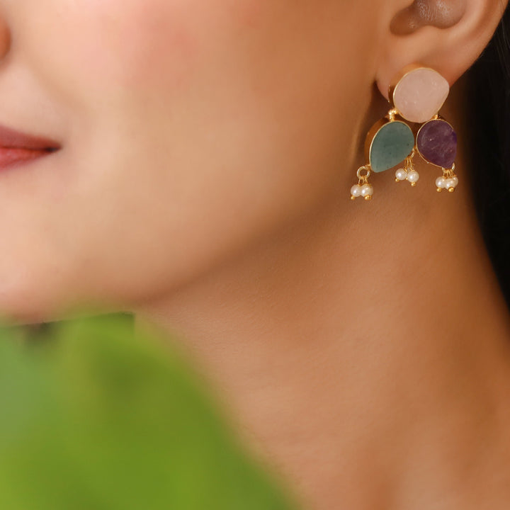 Ruby Tri Raw Stone Pearl Earring