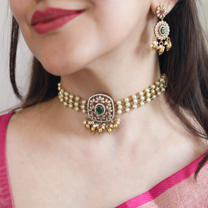 3 Layer Pearl Choker With Earring