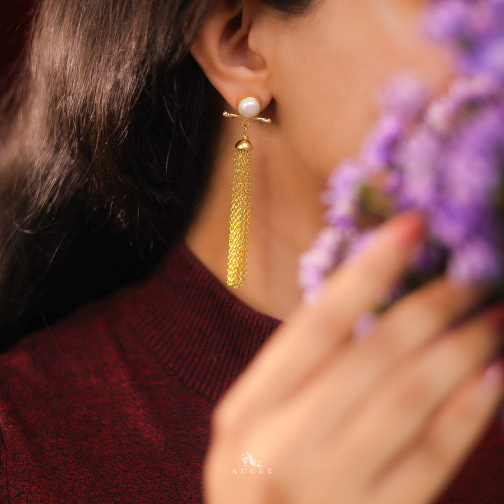 Golden Line Pearl Chainy Shower Earrings