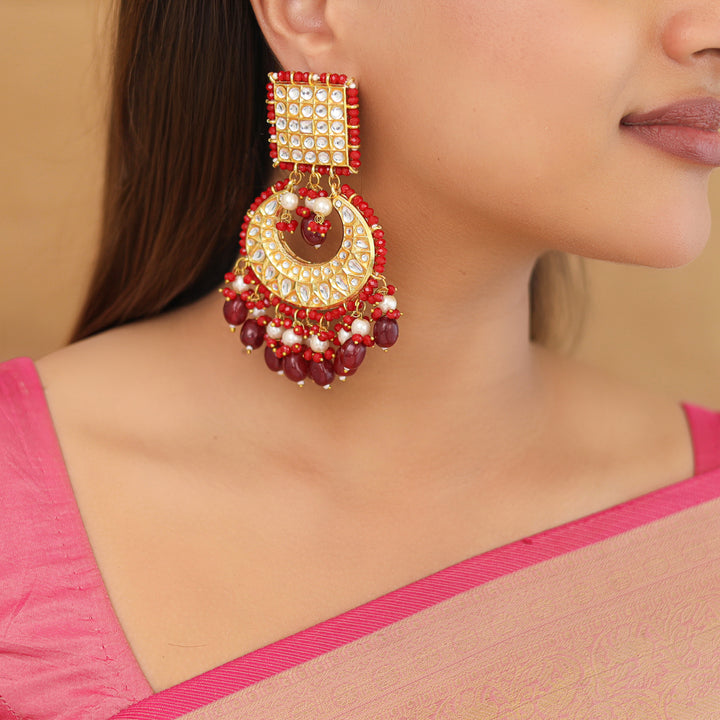 Zinia Kundan Square Half Moon Pearl Bead Chandbali Earring