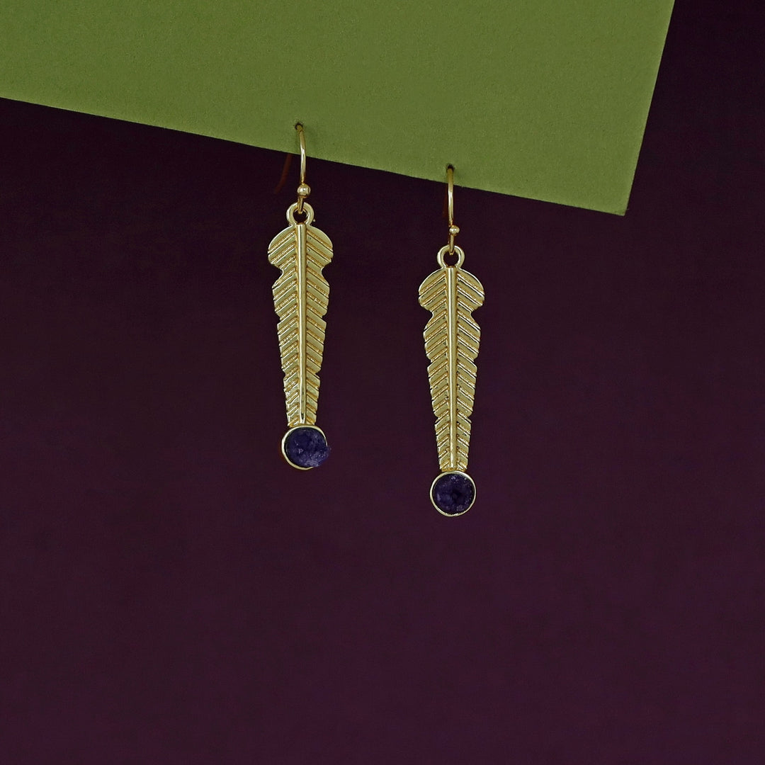 Golden Feather Druzy Stone Earring