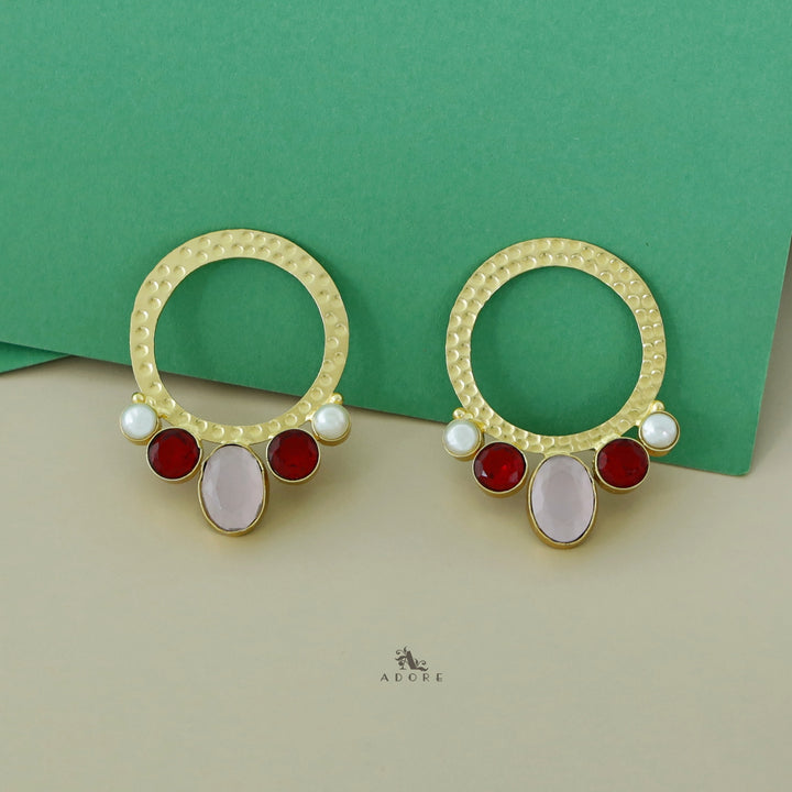 Golden Circle And Tri Glossy Dual Pearl Earring