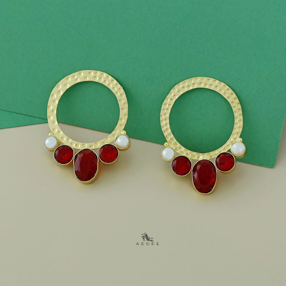 Golden Circle And Tri Glossy Dual Pearl Earring