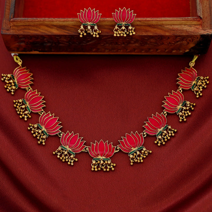 Advaita Enamel Lotus Cluster Golden Ball Neckpiece With Earring