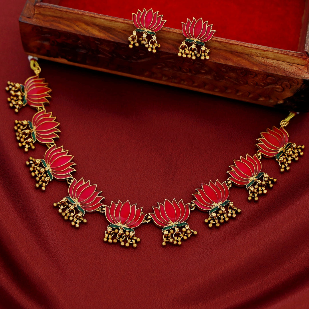 Advaita Enamel Lotus Cluster Golden Ball Neckpiece With Earring