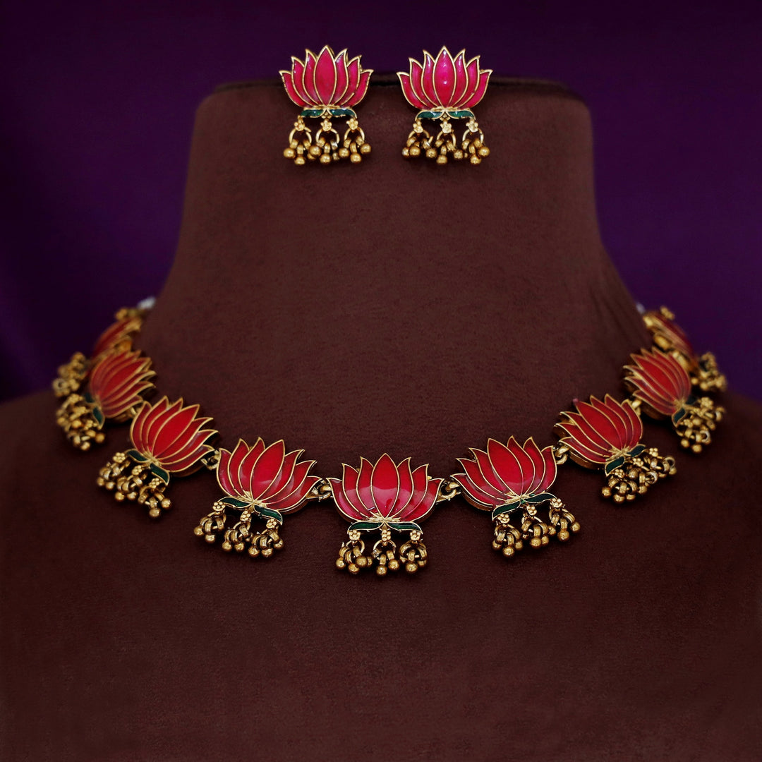 Advaita Enamel Lotus Cluster Golden Ball Neckpiece With Earring
