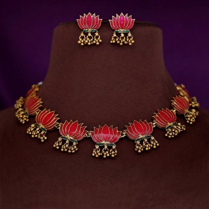 Advaita Enamel Lotus Cluster Golden Ball Neckpiece With Earring