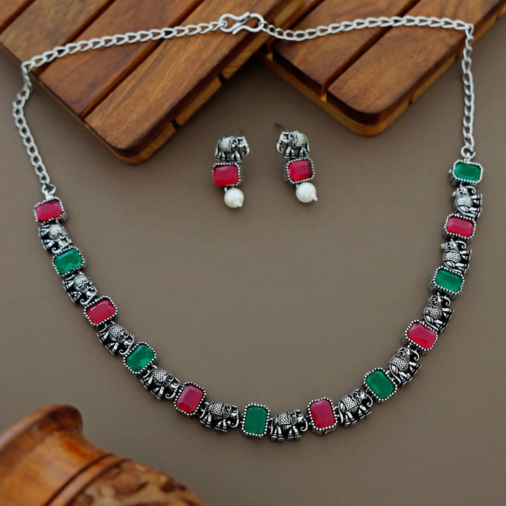 Reba Mini Airavat Rectangle Short Neckpiece With Earring