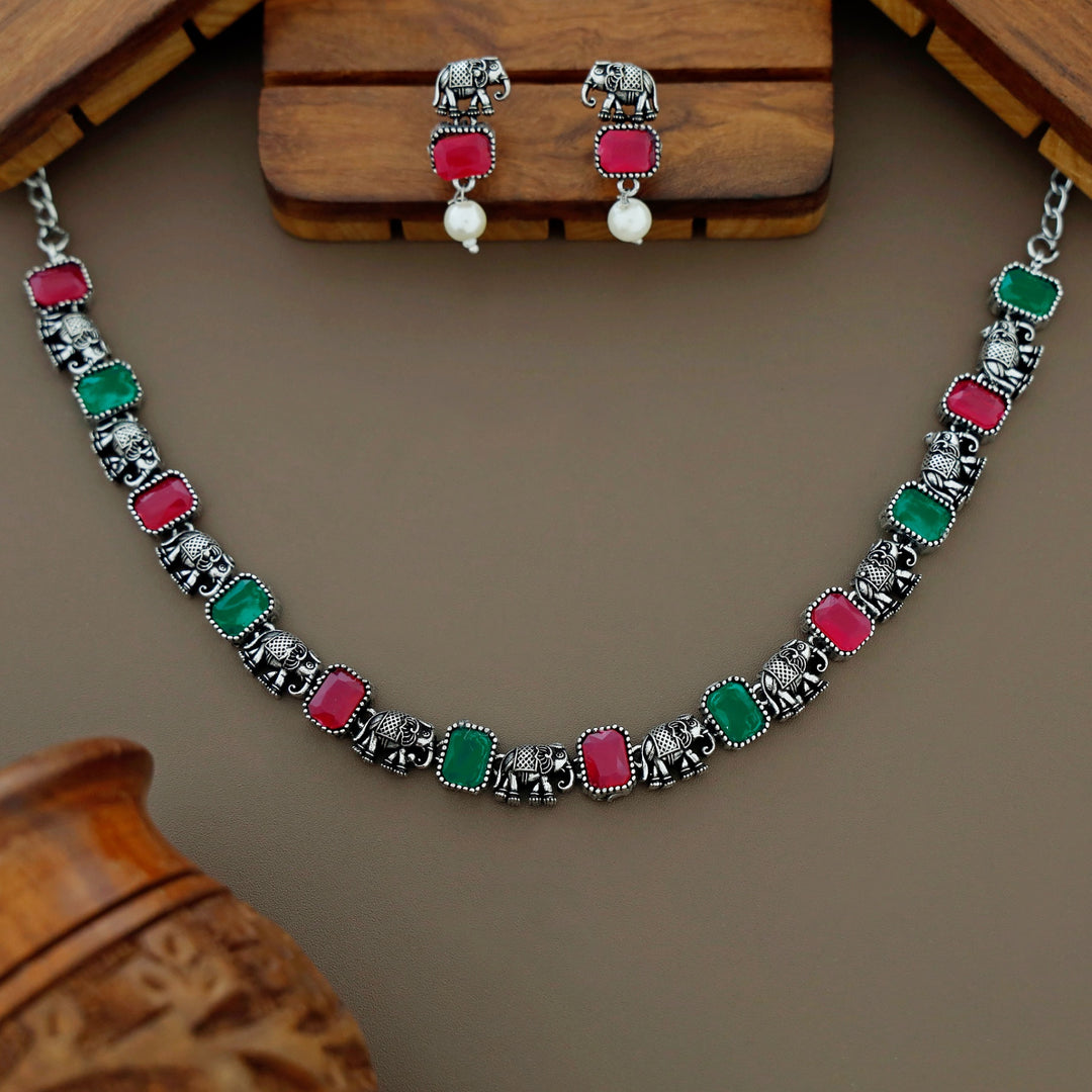 Reba Mini Airavat Rectangle Short Neckpiece With Earring