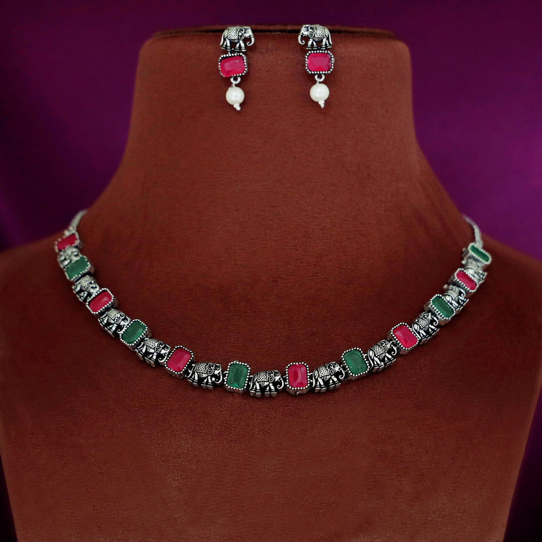 Reba Mini Airavat Rectangle Short Neckpiece With Earring