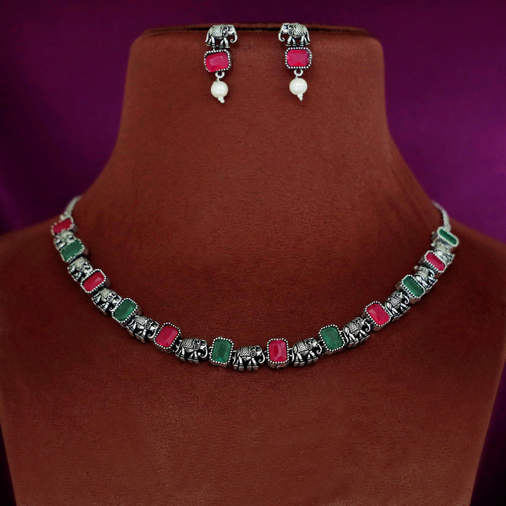 Reba Mini Airavat Rectangle Short Neckpiece With Earring