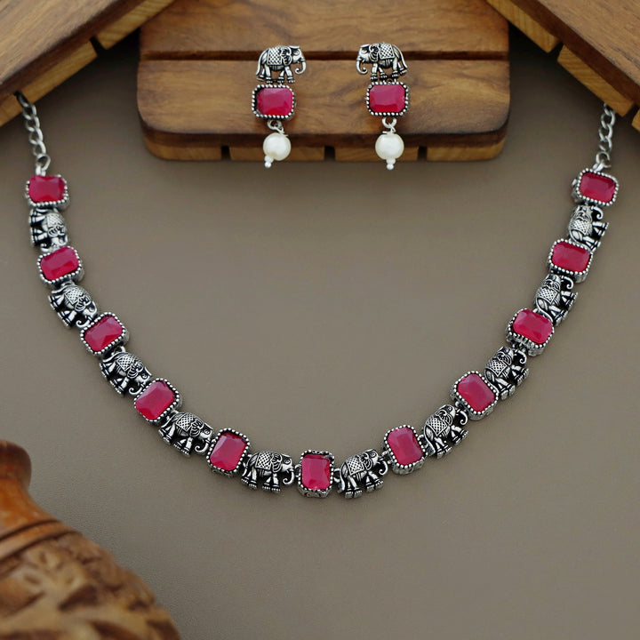 Reba Mini Airavat Rectangle Short Neckpiece With Earring