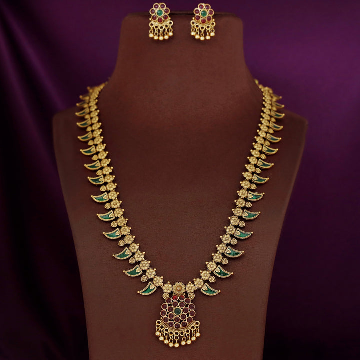 Bimala Palakka Floral Long Neckpiece With Earring
