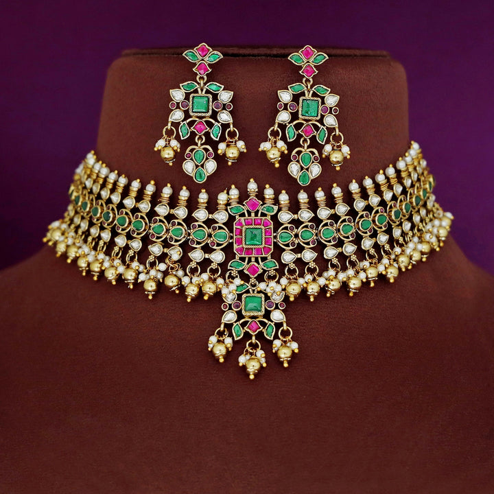 Premium Gaurika Jadau Kundan Short Neckpiece/Choker With Earring